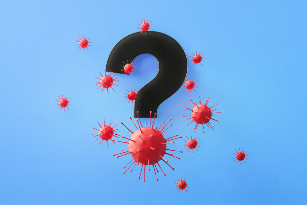 Question mark surrounded by virus illustrations