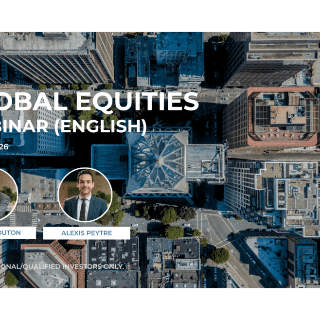 Promotional banner for an NS Partners live webinar titled "Global Equities – Webinar (English)" scheduled for 2 June 2026. The visual features an aerial view of a modern city center with skyscrapers. Speaker headshots of Pierre Mouton and Alexis Peytre appear in the foreground. The banner includes a "Live Webinar" label and notes that the event is reserved for professional and qualified investors.