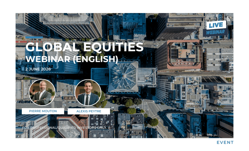 Promotional banner for an NS Partners live webinar titled "Global Equities – Webinar (English)" scheduled for 2 June 2026. The visual features an aerial view of a modern city center with skyscrapers. Speaker headshots of Pierre Mouton and Alexis Peytre appear in the foreground. The banner includes a "Live Webinar" label and notes that the event is reserved for professional and qualified investors.